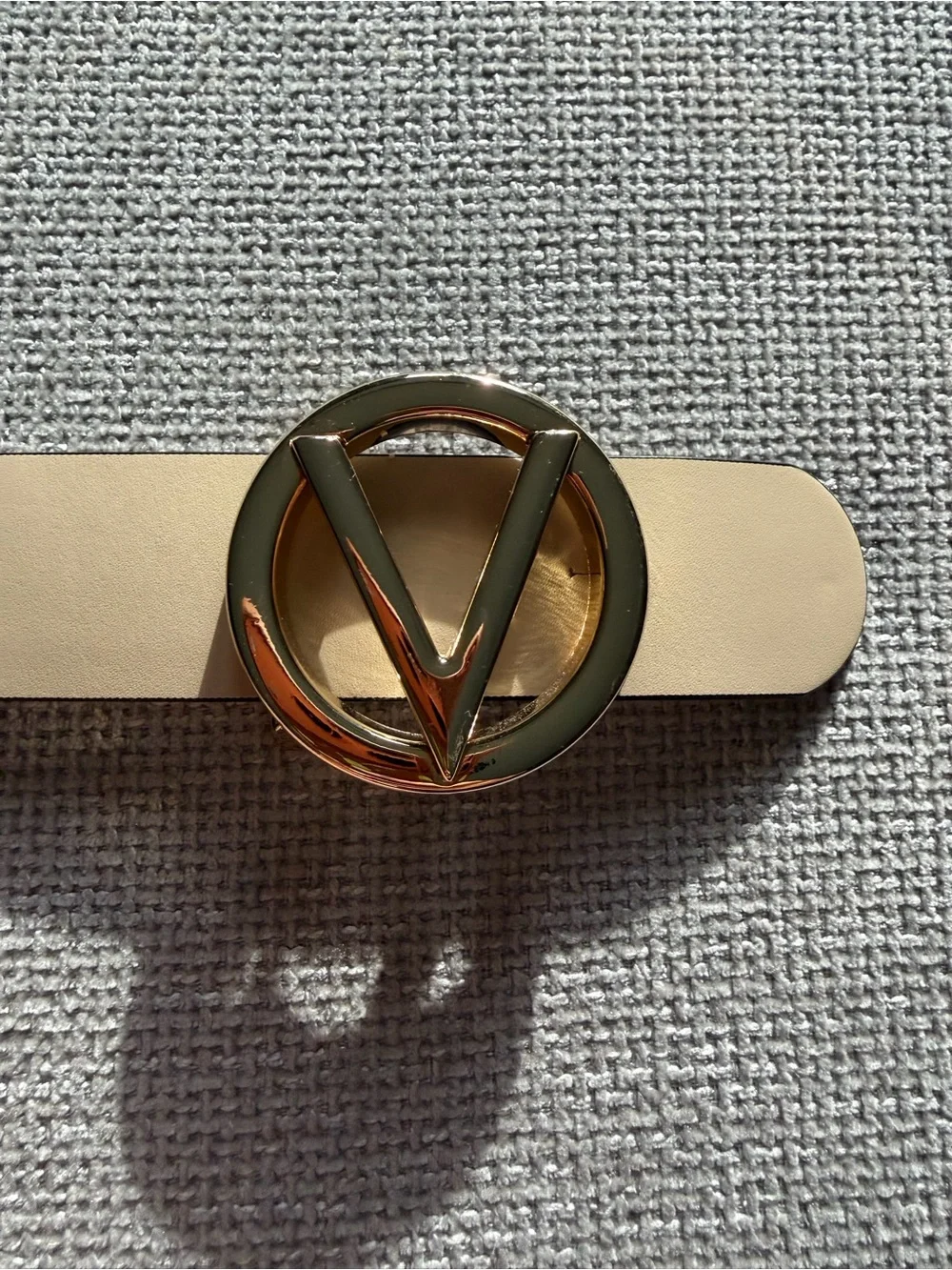 Valentino Cream Leather Belt with Gold V Logo Buckle